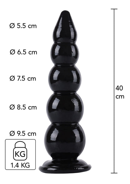 Zwarte glanzende buttplug met bolvormige segmenten, brede voet en logo, Hidden Desire.