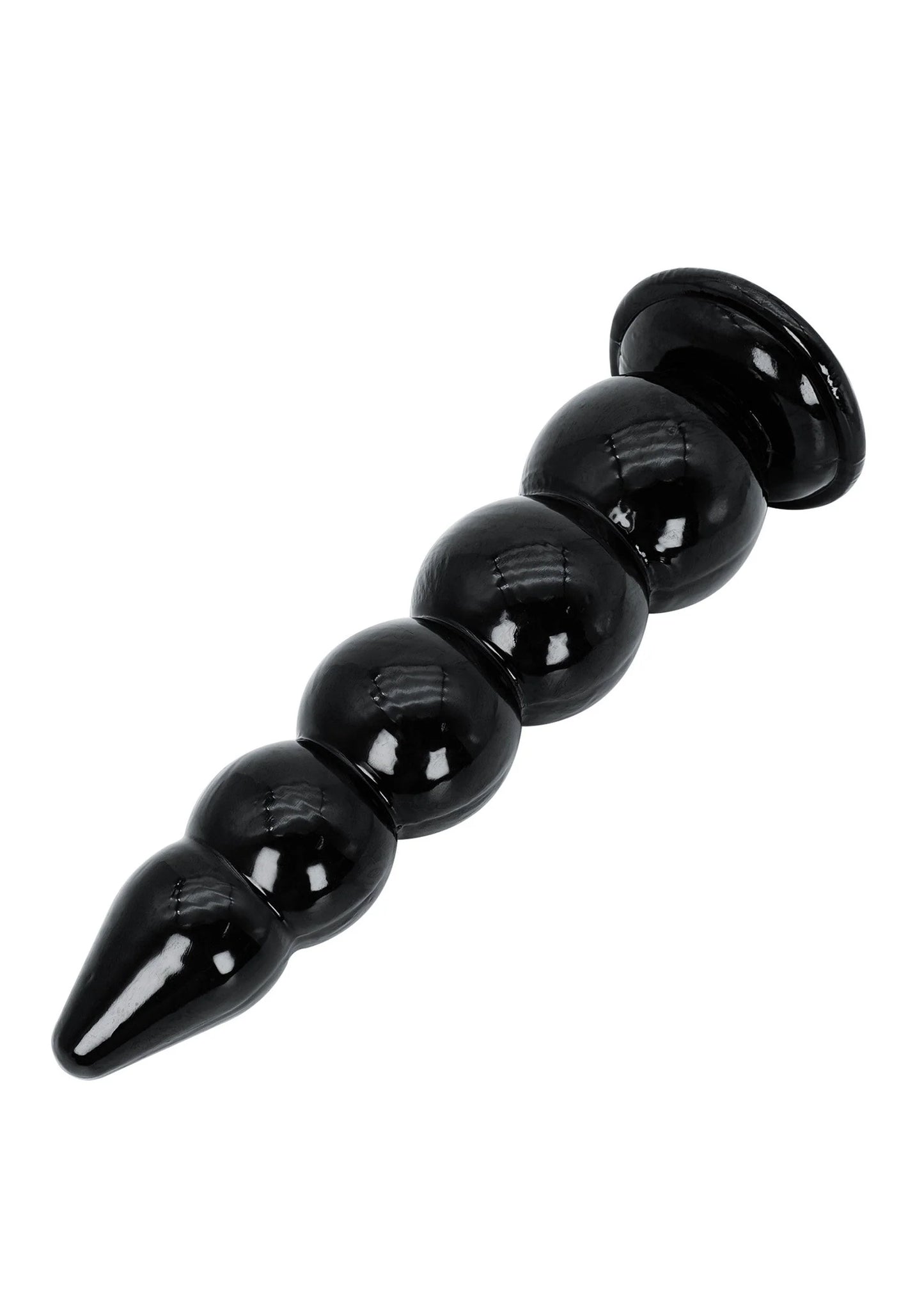 Zwarte glanzende buttplug met bolvormige segmenten en taps toelopende punt, Hidden Desire.