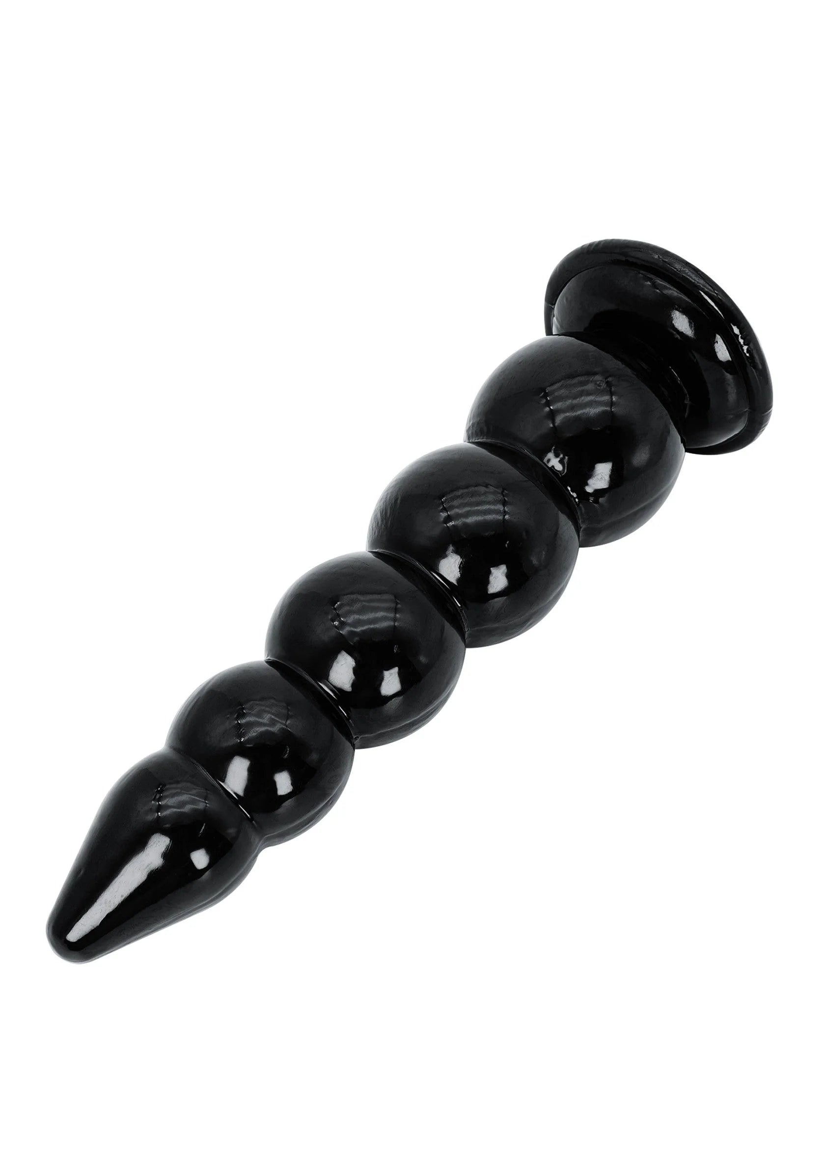 Zwarte glanzende buttplug met bolvormige segmenten en taps toelopende punt, Hidden Desire.