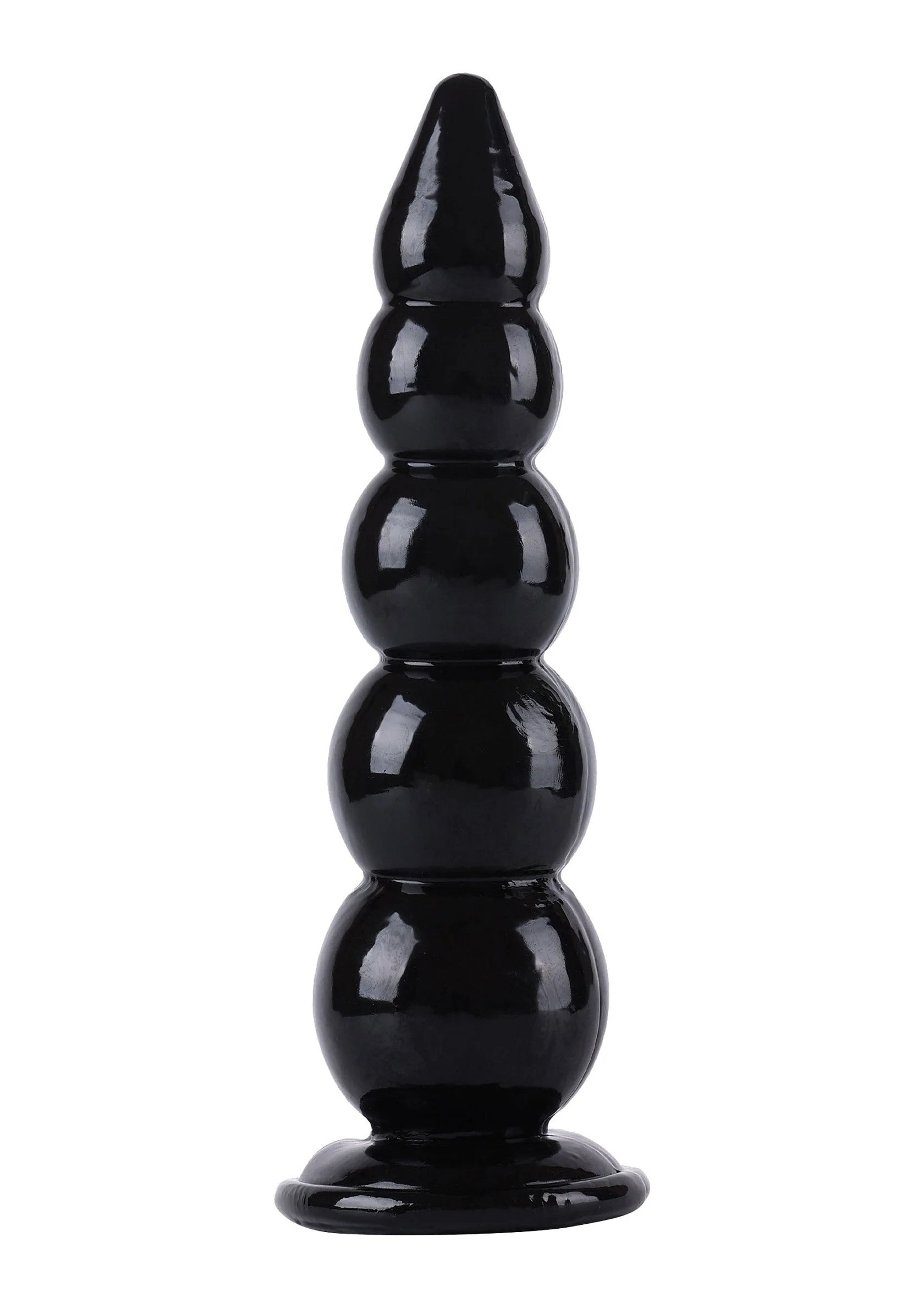 Zwarte glanzende buttplug met ronde segmenten en brede voet, Hidden Desire.