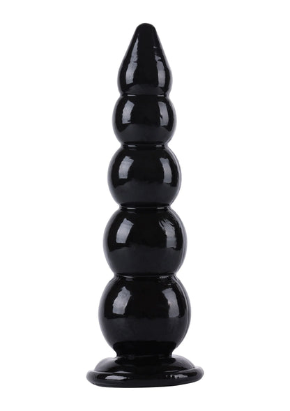 Zwarte glanzende buttplug met ronde segmenten en brede voet, Hidden Desire.