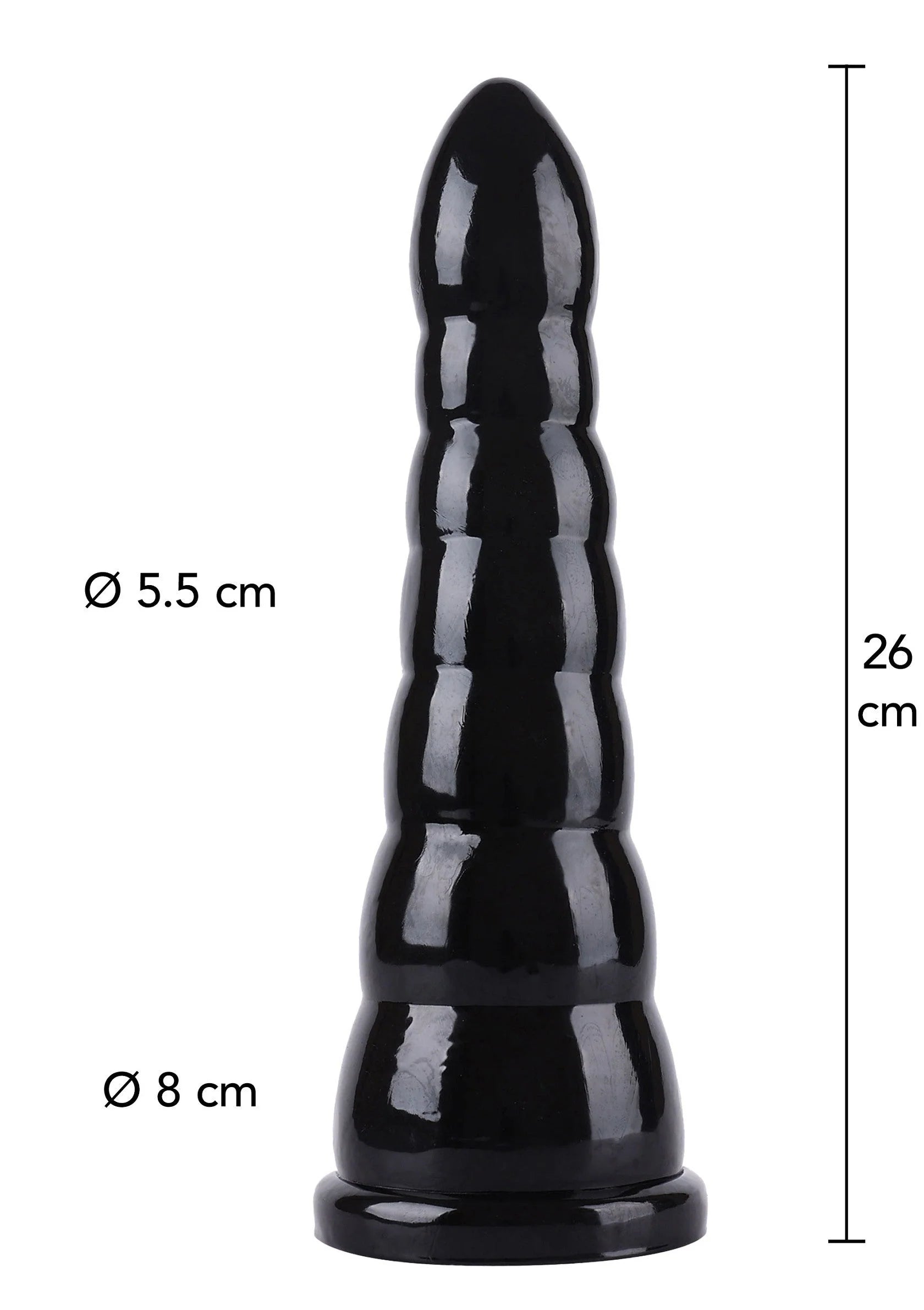 Zwarte anale kegel van glanzend materiaal, 26 cm; Ø5,5 cm top en Ø8 cm basis