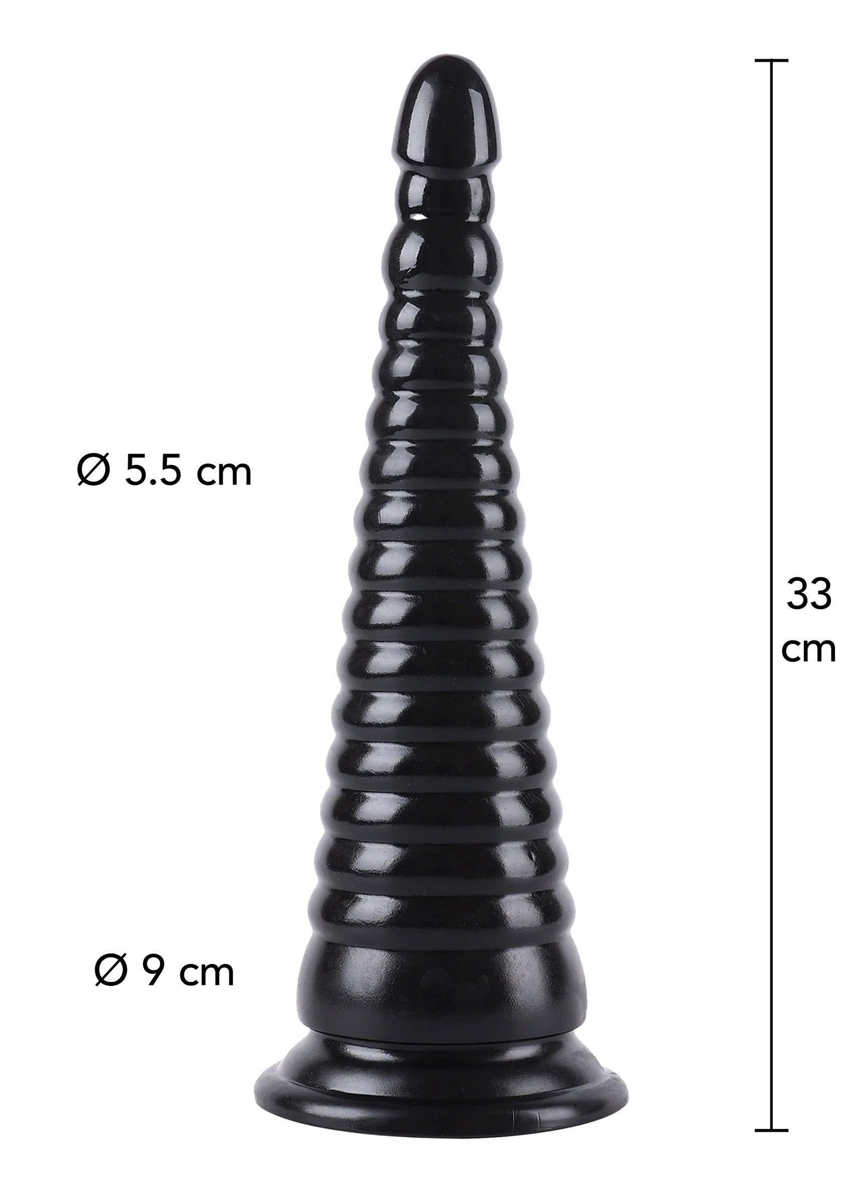 Zwarte anaalplug, lengte 33 cm; ø 5,5 en ø 9 cm.