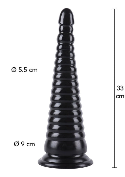 Zwarte anaalplug, lengte 33 cm; ø 5,5 en ø 9 cm.