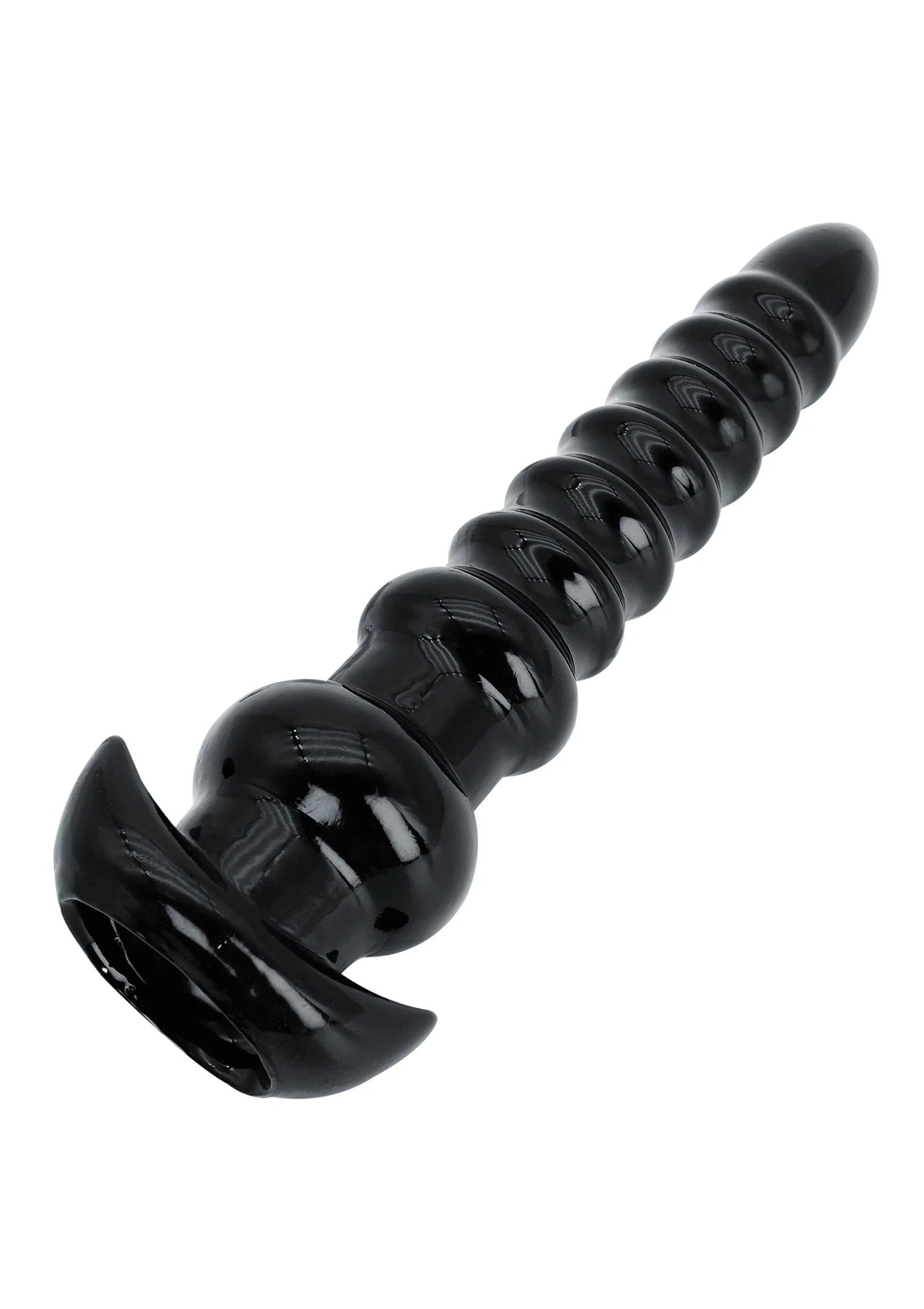 Zwarte anale plug met brede flens voor, geribbelde schacht en glanzende top