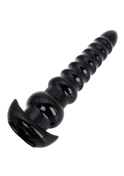 Zwarte anale plug met brede flens voor, geribbelde schacht en glanzende top