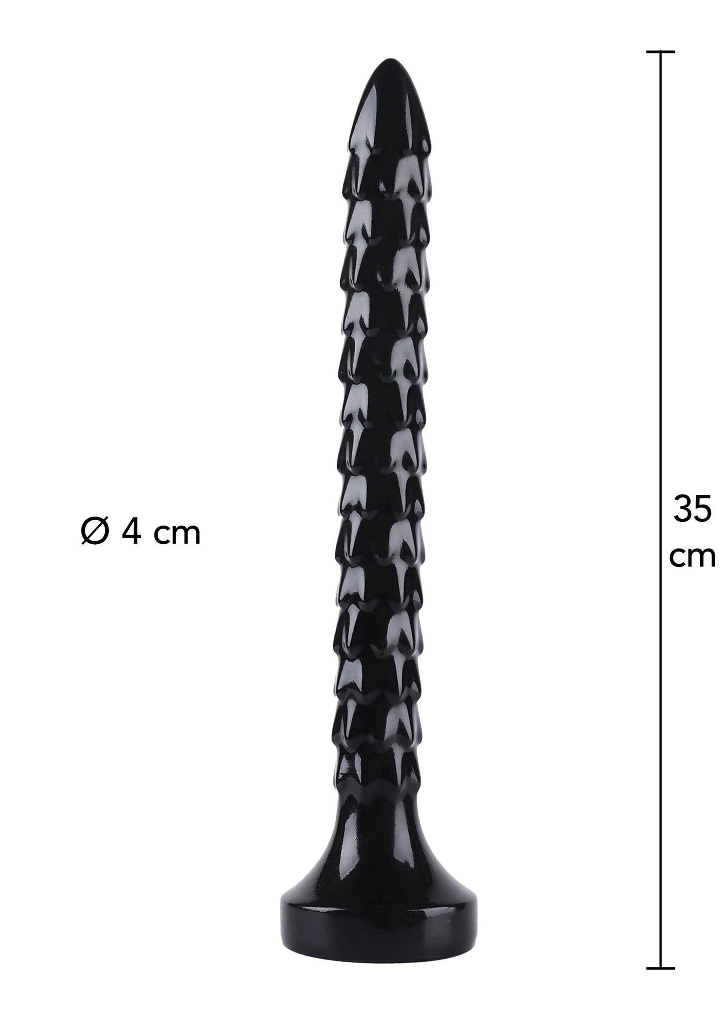 Zwarte anale plug, 35 cm lang, Ø 4 cm, met kettingvormige schubben en voet