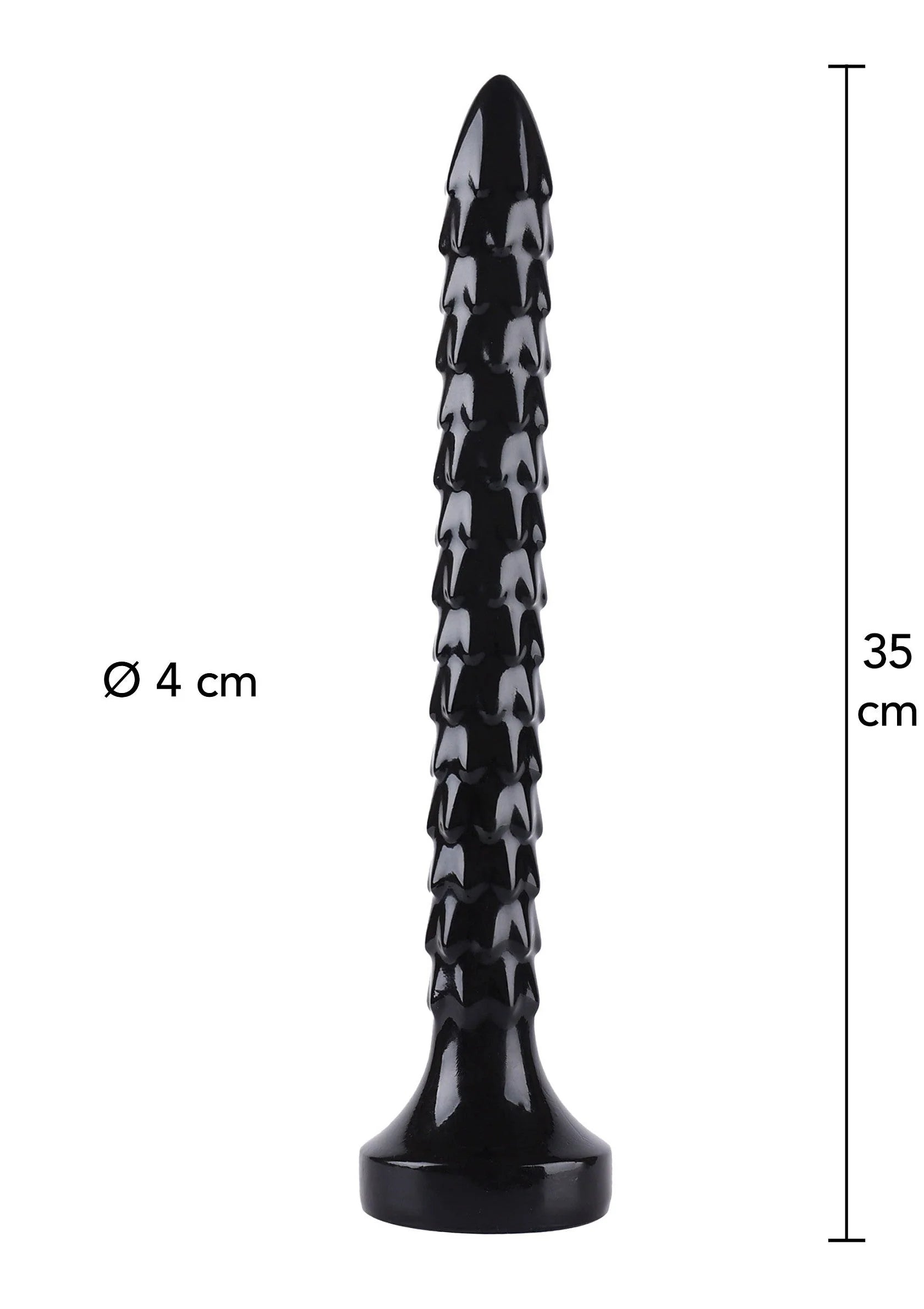Zwarte anale plug, 35 cm lang, Ø 4 cm, met kettingvormige schubben en voet