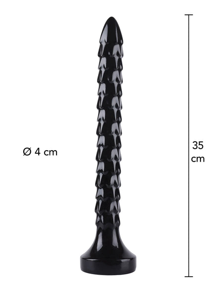 Zwarte anale plug, 35 cm lang, Ø 4 cm, met kettingvormige schubben en voet