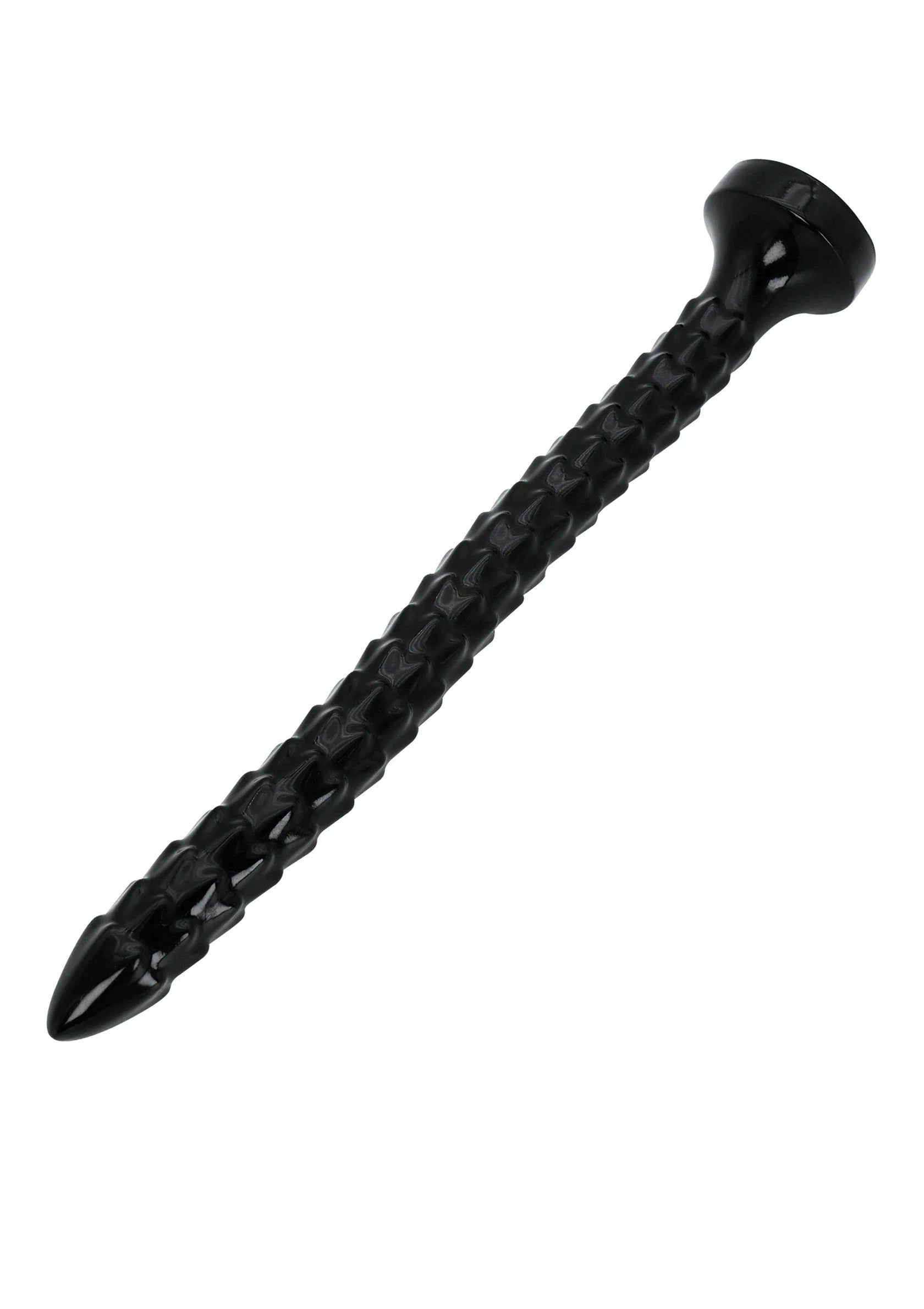 Anale plug met slangenachtige schubben, zwarte kleur, gebogen uiteinde.