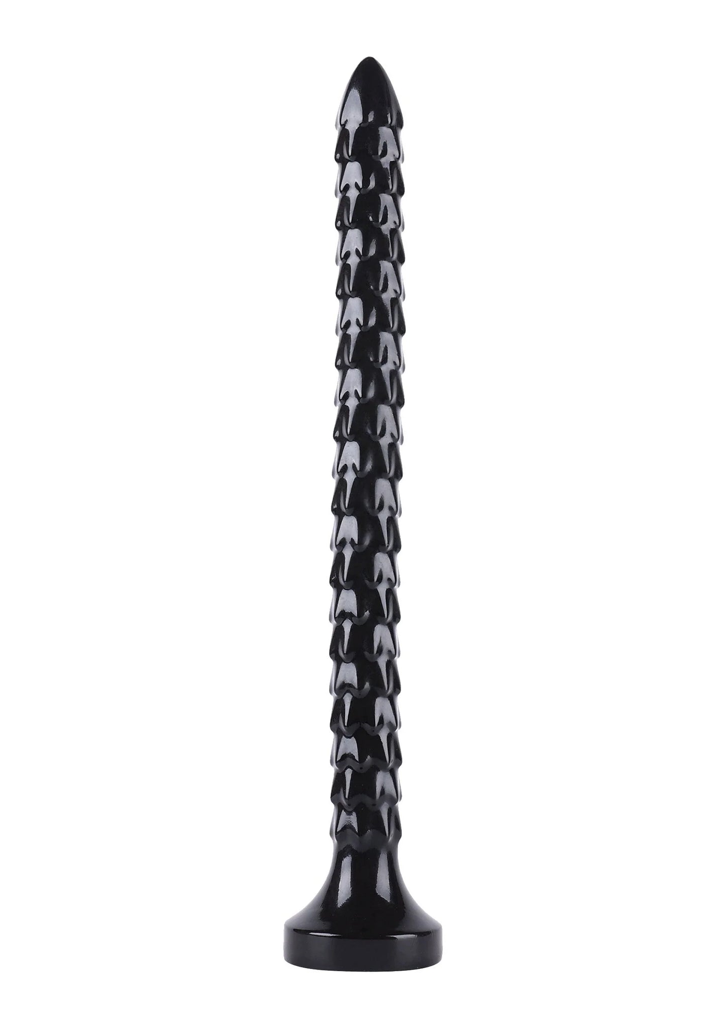 Anale plug met verticale schubstructuur, zwarte kleur, brede basisvoet.