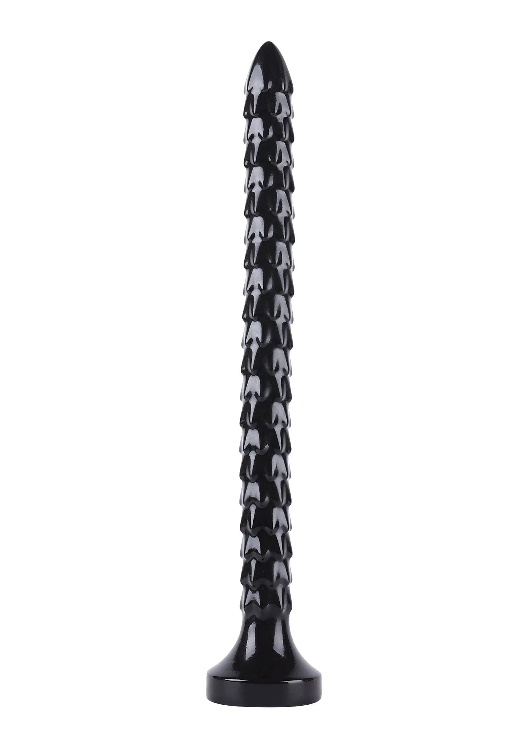 Anale plug met verticale schubstructuur, zwarte kleur, brede basisvoet.