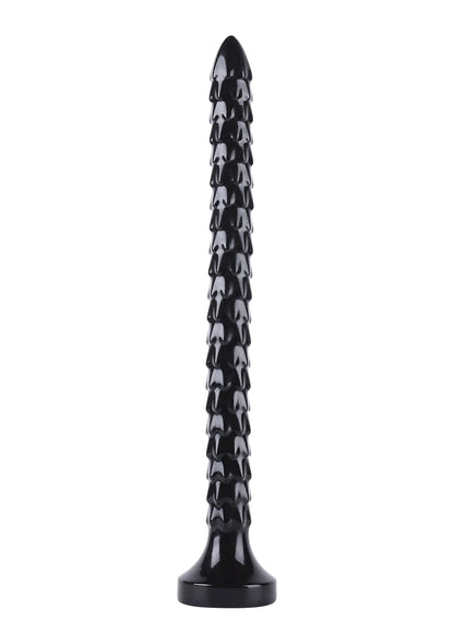 Anale plug met verticale schubstructuur, zwarte kleur, brede basisvoet.