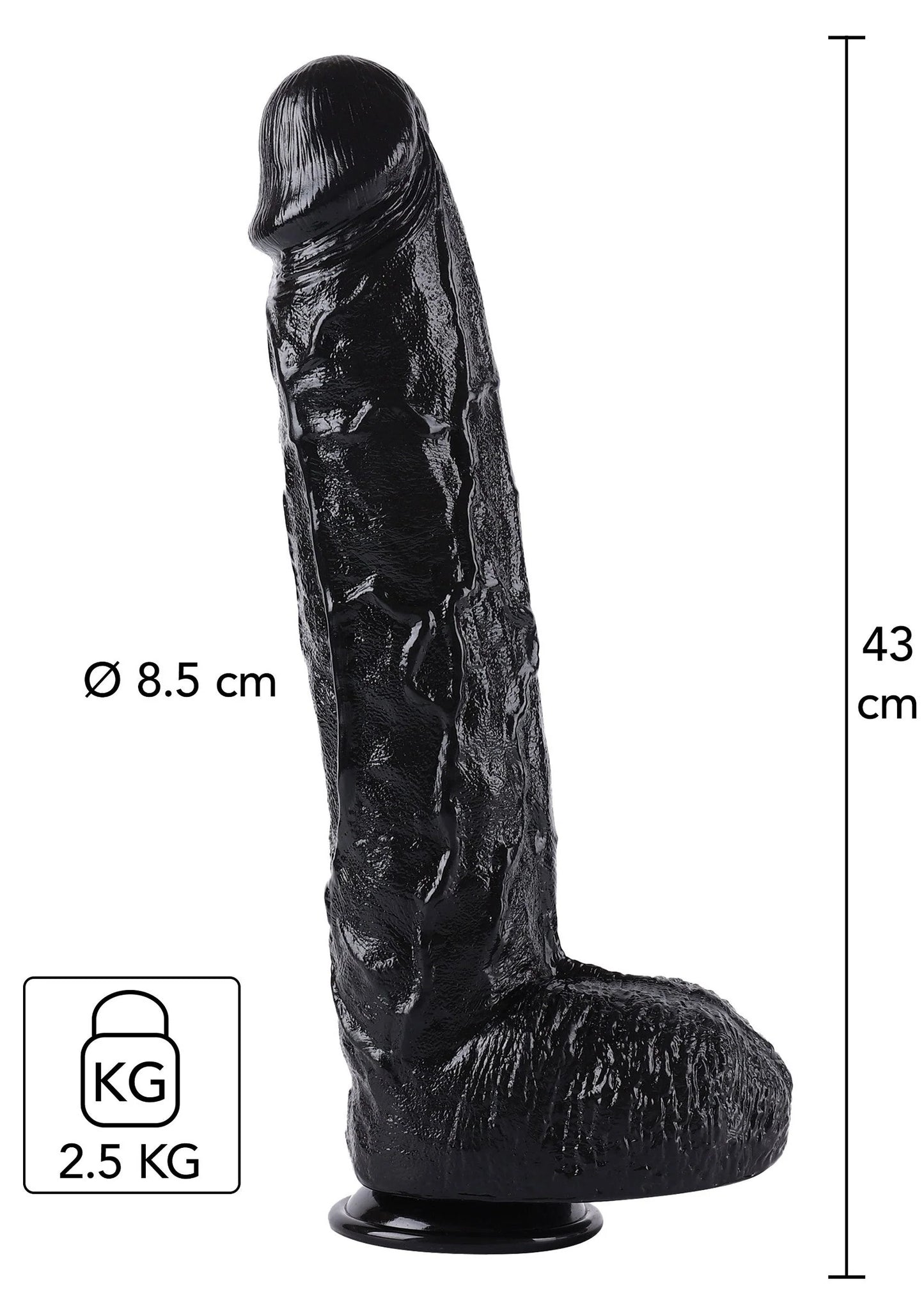 Zwarte kunstpenis met zuignapbasis, 43 cm, Ø 8,5 cm