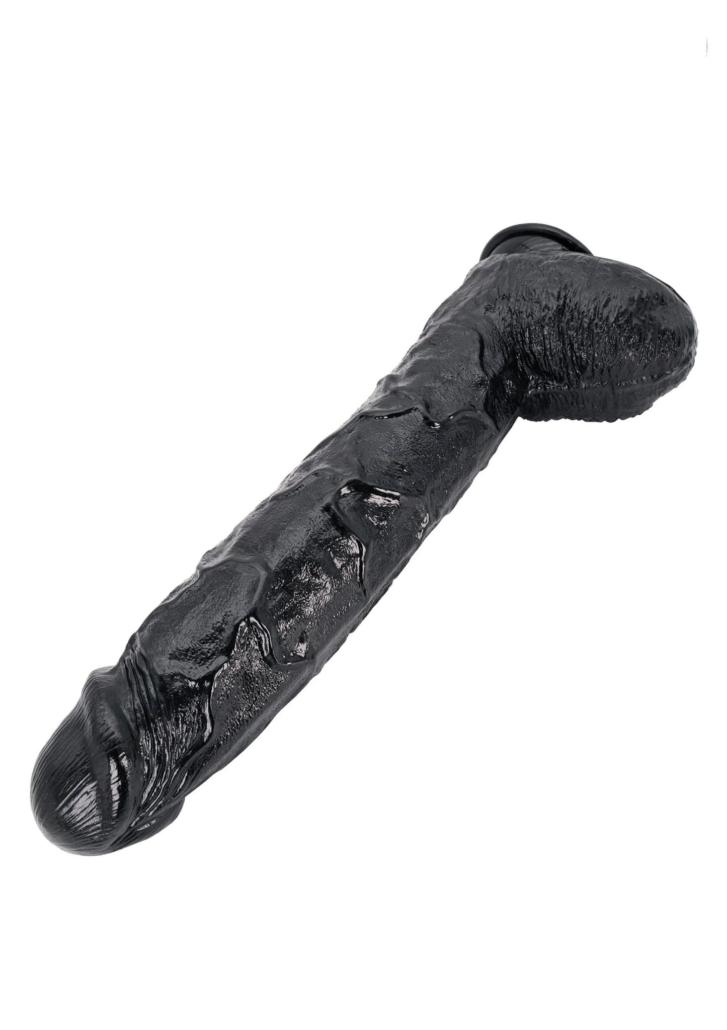 Zwarte kunstpenis zijaanzicht, bolvormige kop en brede voet