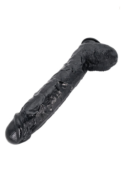 Zwarte kunstpenis zijaanzicht, bolvormige kop en brede voet
