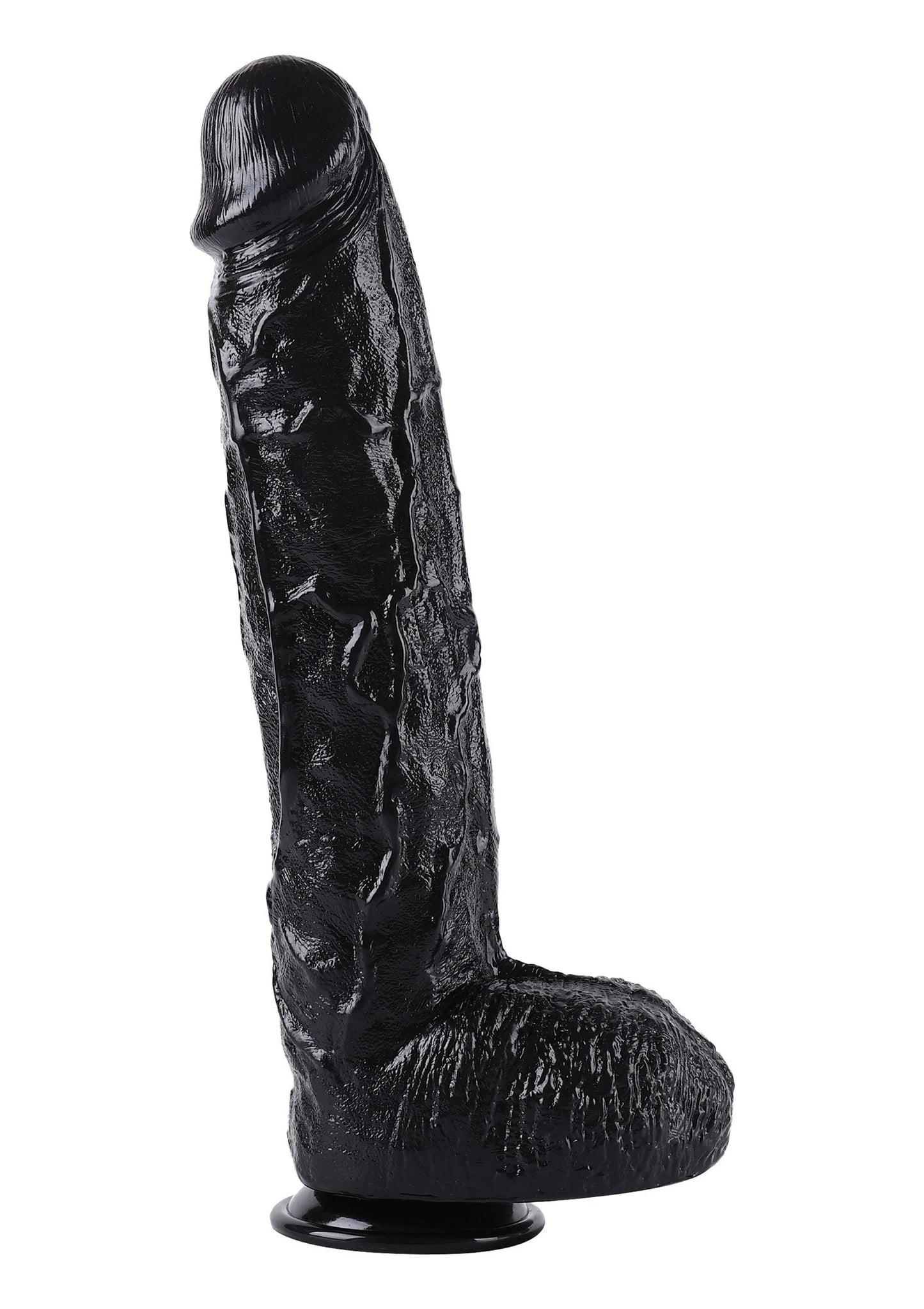 Zwarte kunstpenis zijaanzicht, taps toelopend lijf met bolle kop