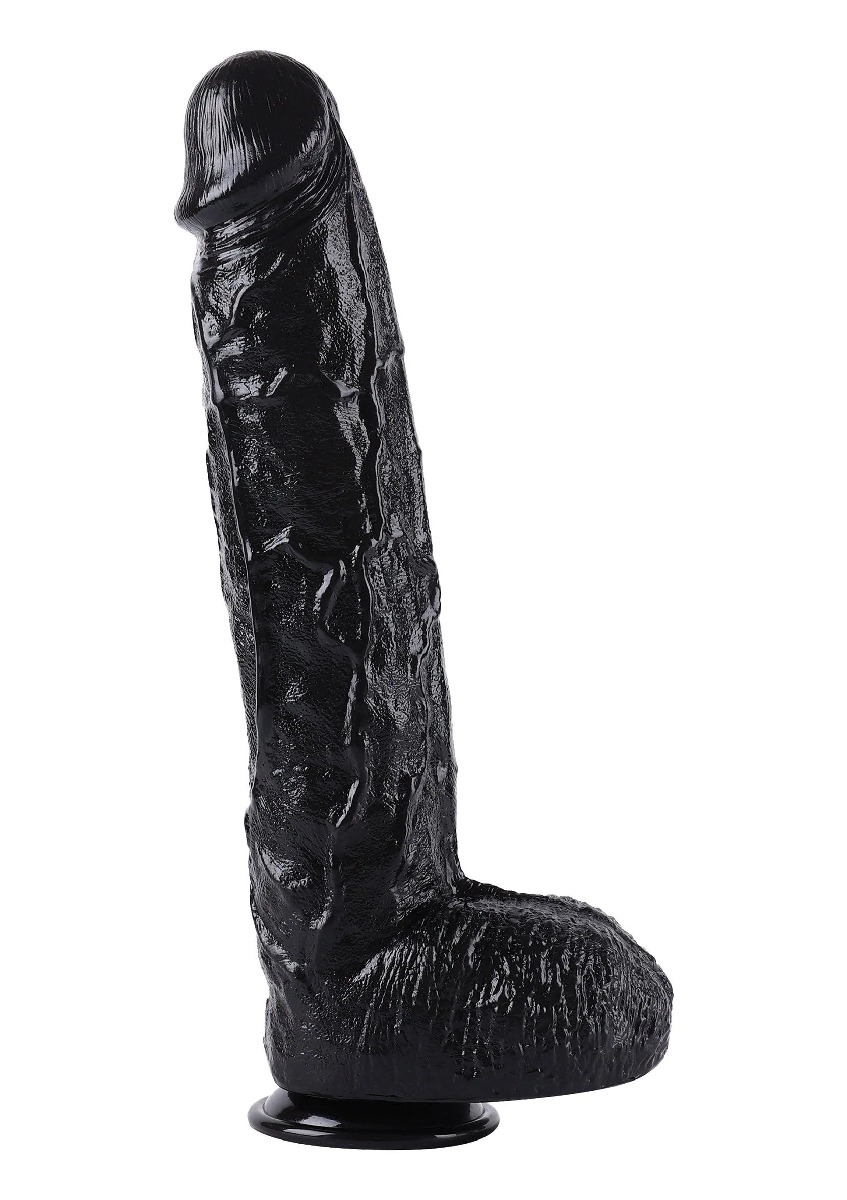 Zwarte kunstpenis zijaanzicht, taps toelopend lijf met bolle kop