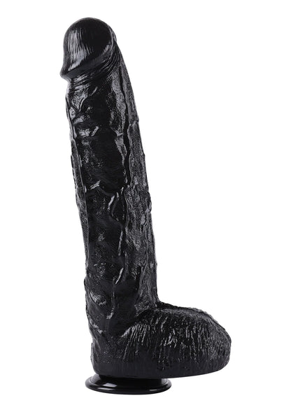 Zwarte kunstpenis zijaanzicht, taps toelopend lijf met bolle kop