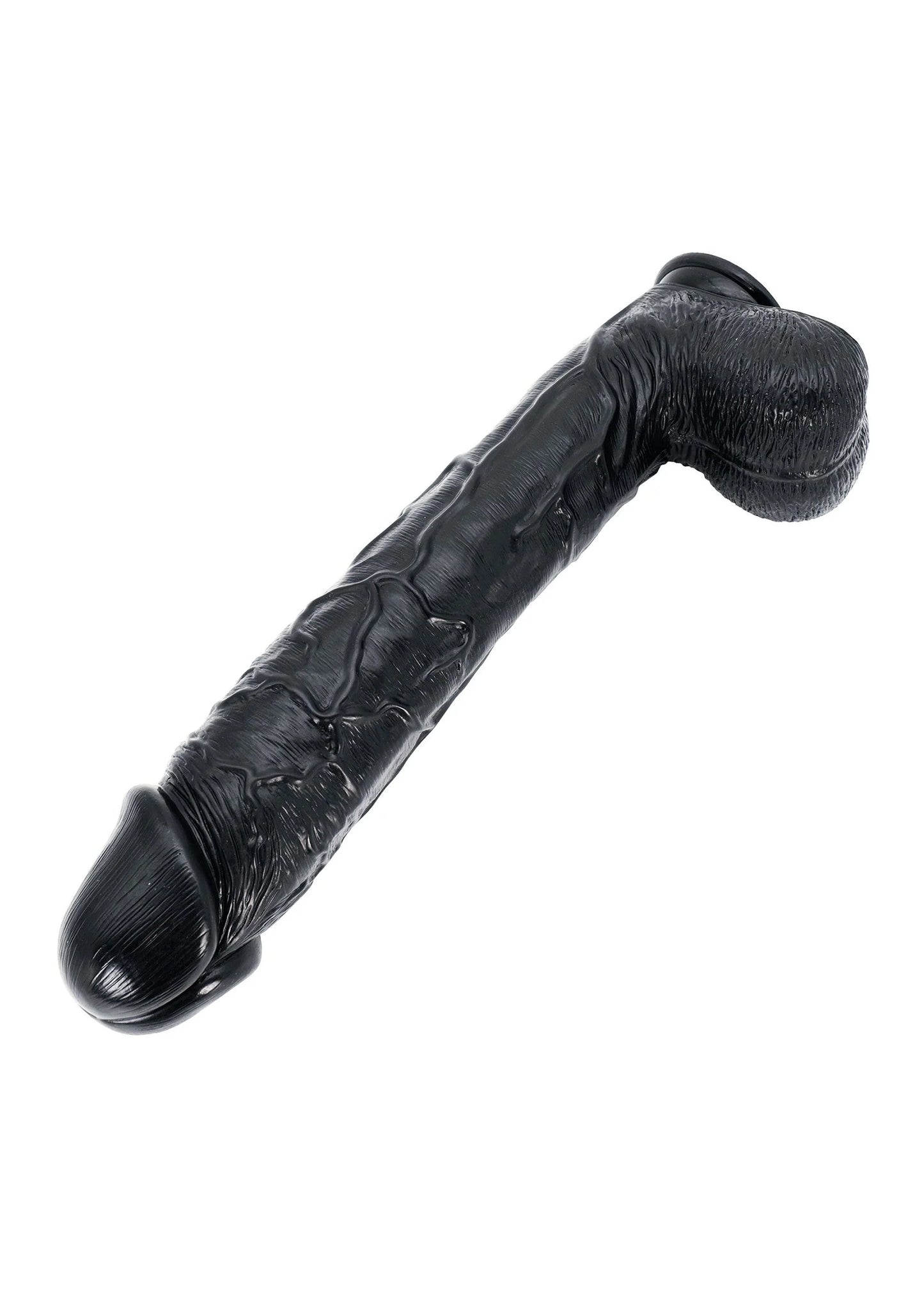 Zwarte dildo in zijaanzicht; gedetailleerde textuur en ronde kop