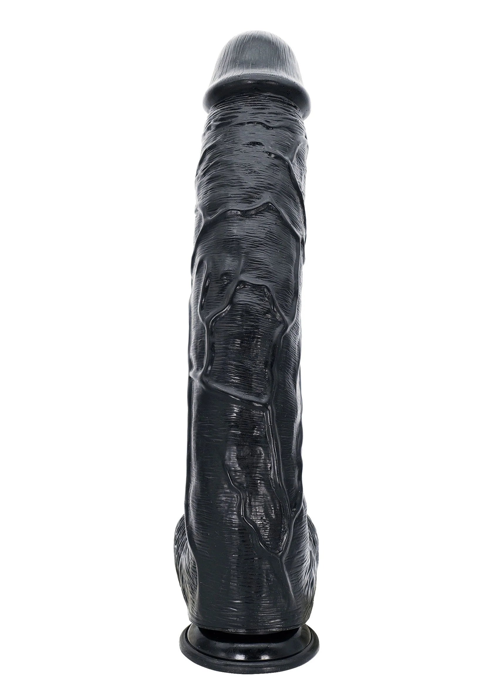 Zwarte dildo met gedetailleerde nerf; rechtopstaande vorm en brede voet
