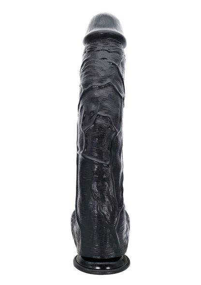Zwarte dildo met gedetailleerde nerf; rechtopstaande vorm en brede voet