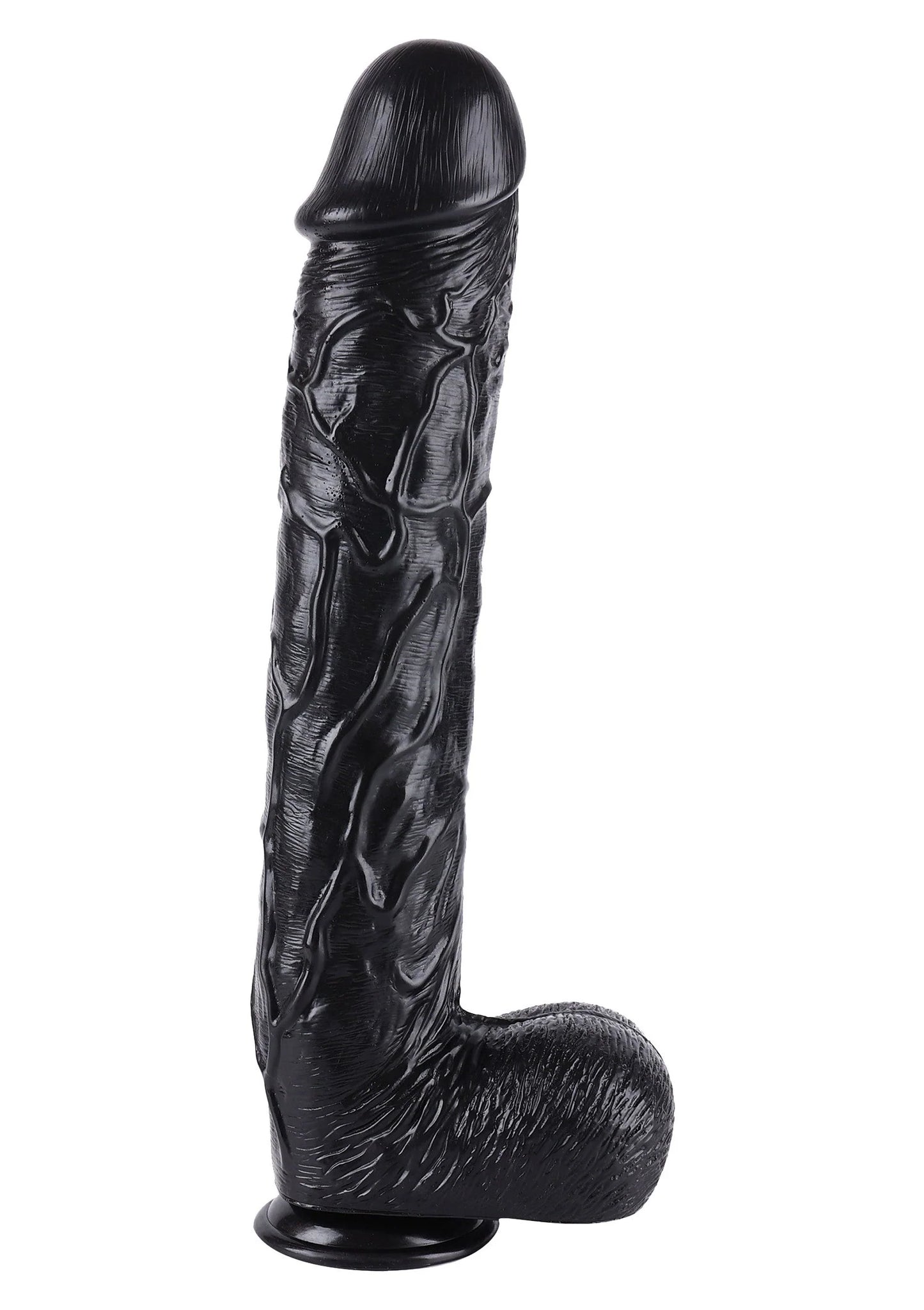 Zwarte dildo met realistische structuur en afgeronde top; zware, brede voet