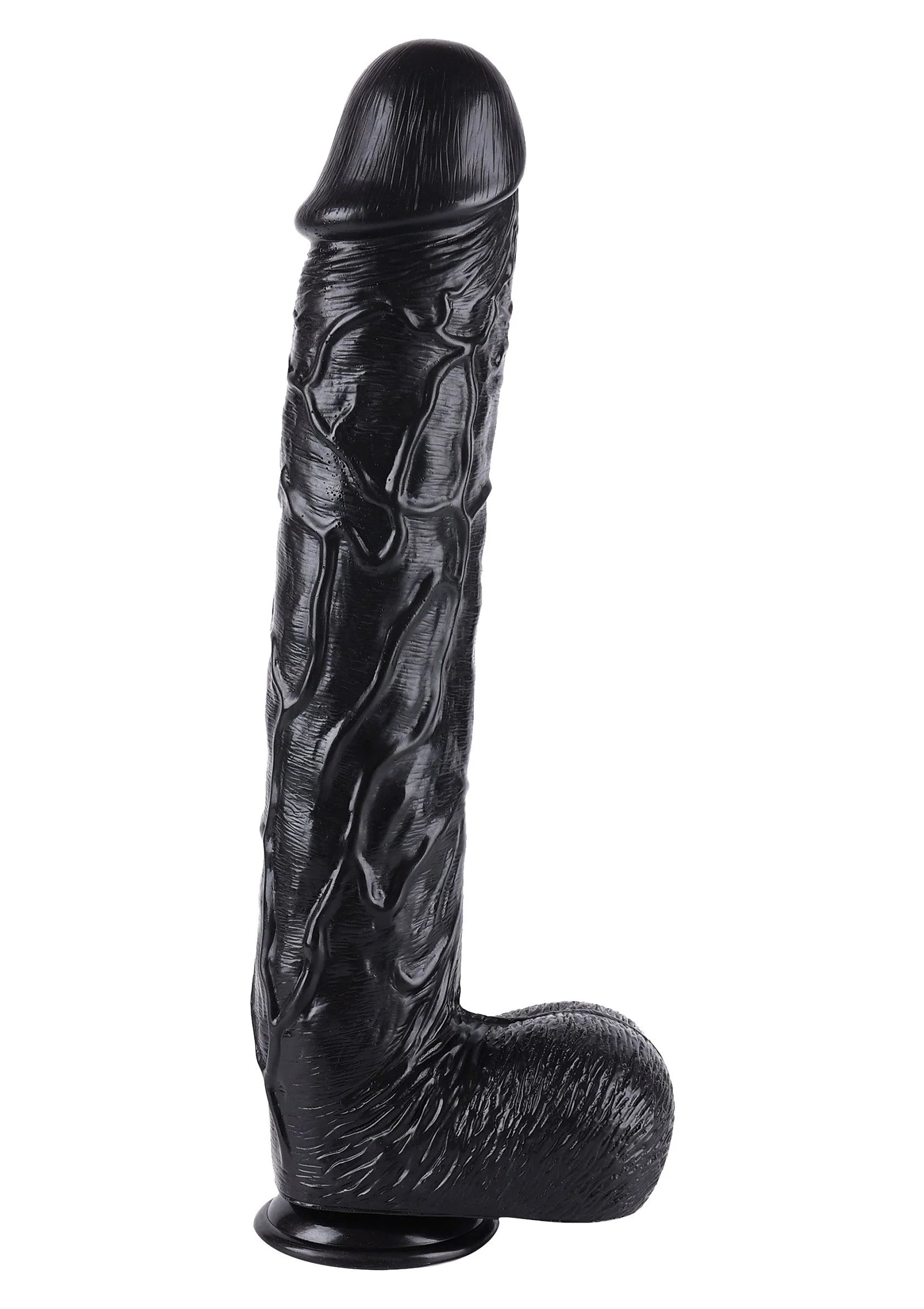 Zwarte dildo met realistische structuur en afgeronde top; zware, brede voet