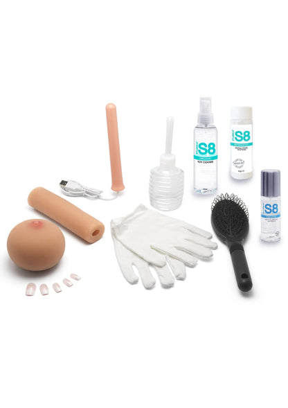 Accessoireset voor lichaamsprothese: spuitflacons, borsteltje, handschoenen en applicator