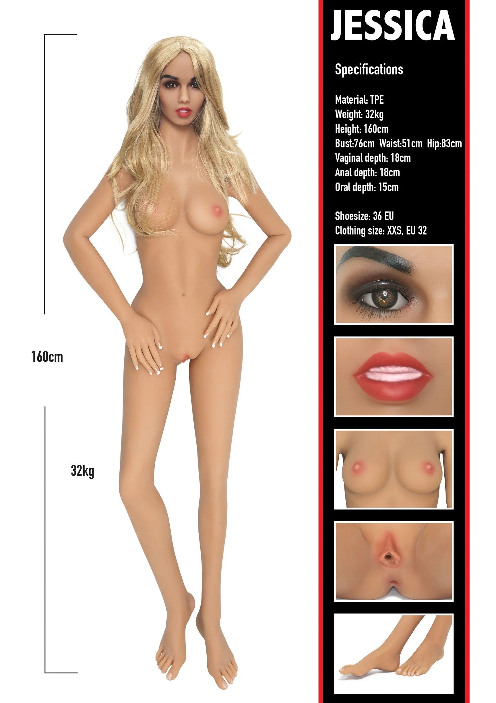 Sekspop productkaart met volledige figuur en specificatie-illustraties