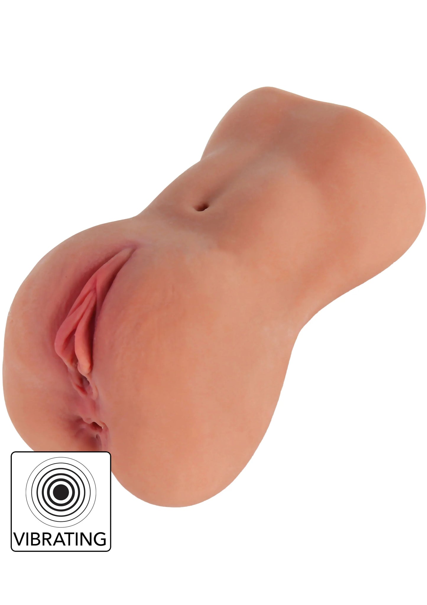 Roze-beige vibrerende masturbator zijaanzicht met vibratielogo