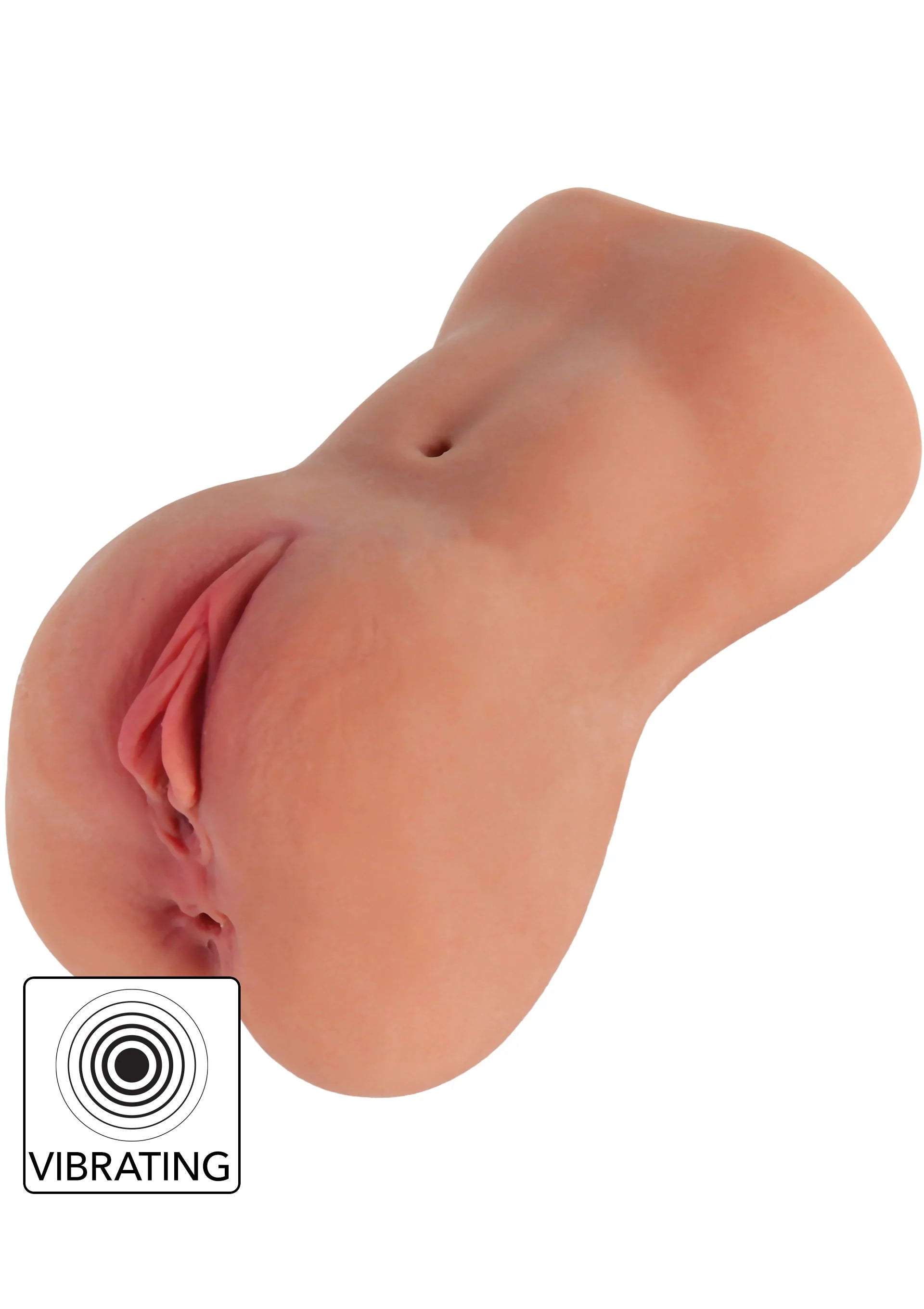 Roze-beige vibrerende masturbator zijaanzicht met vibratielogo