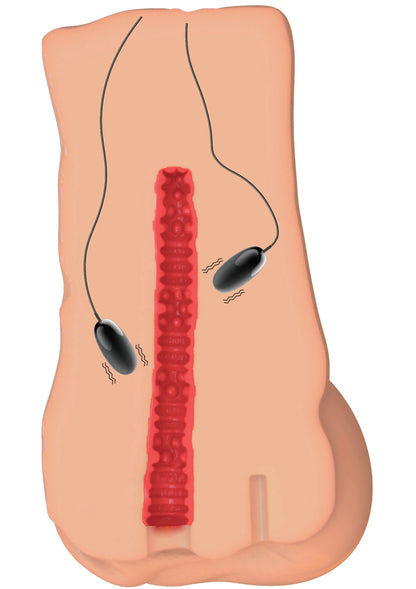 Vibrerende masturbator met rood textuur-inzetstuk en twee knoppen aan de zijkant
