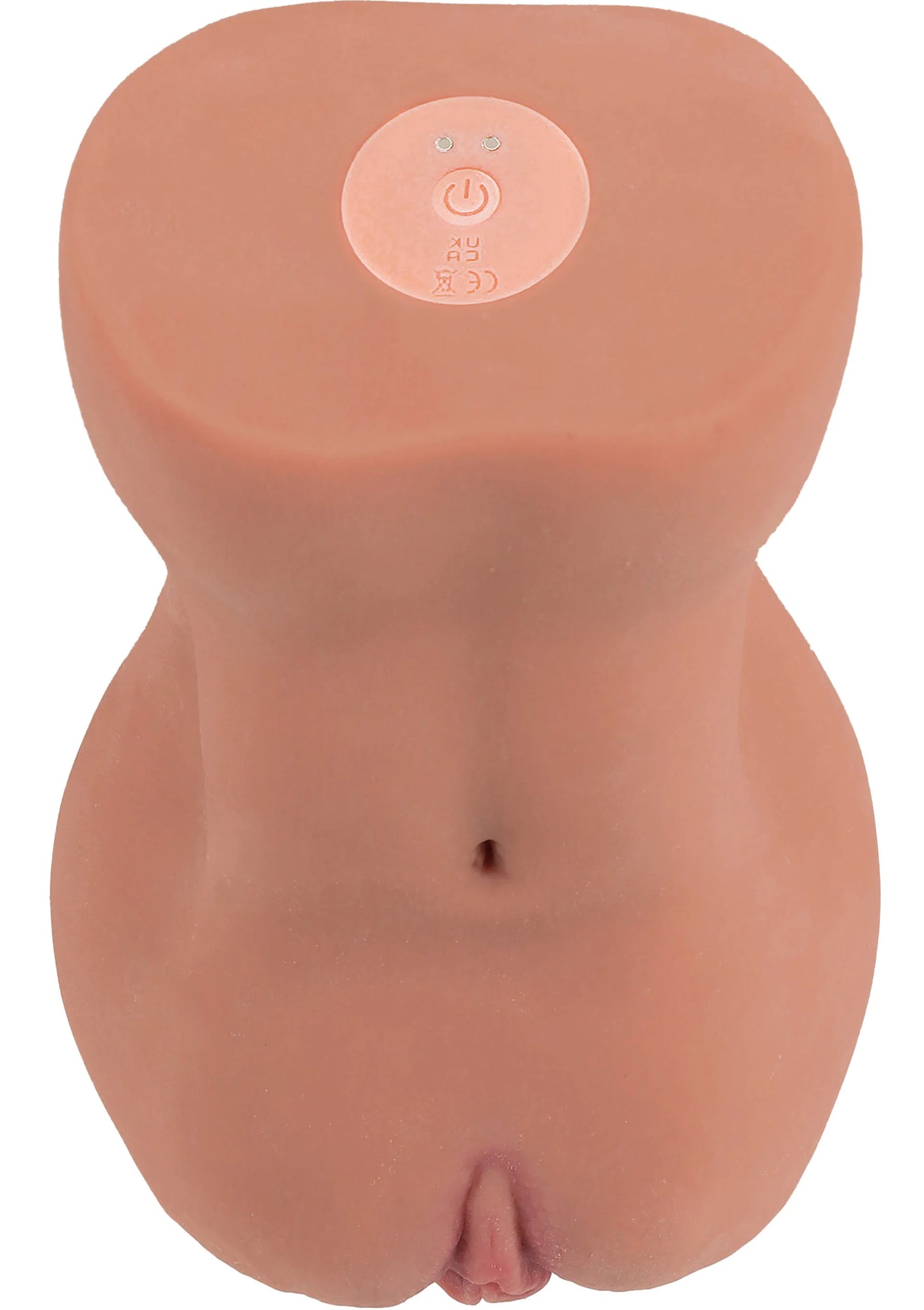 Roze-beige vibrerende masturbator achterkant met ronde aan/uit-knop