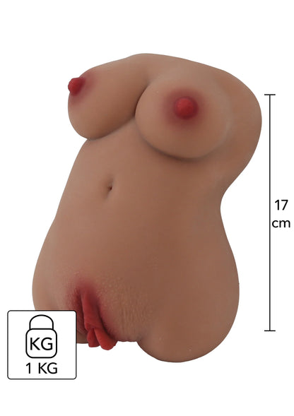 Naakttint masturbatiespeeltje met bovenste uitstulping en maat 17 cm.