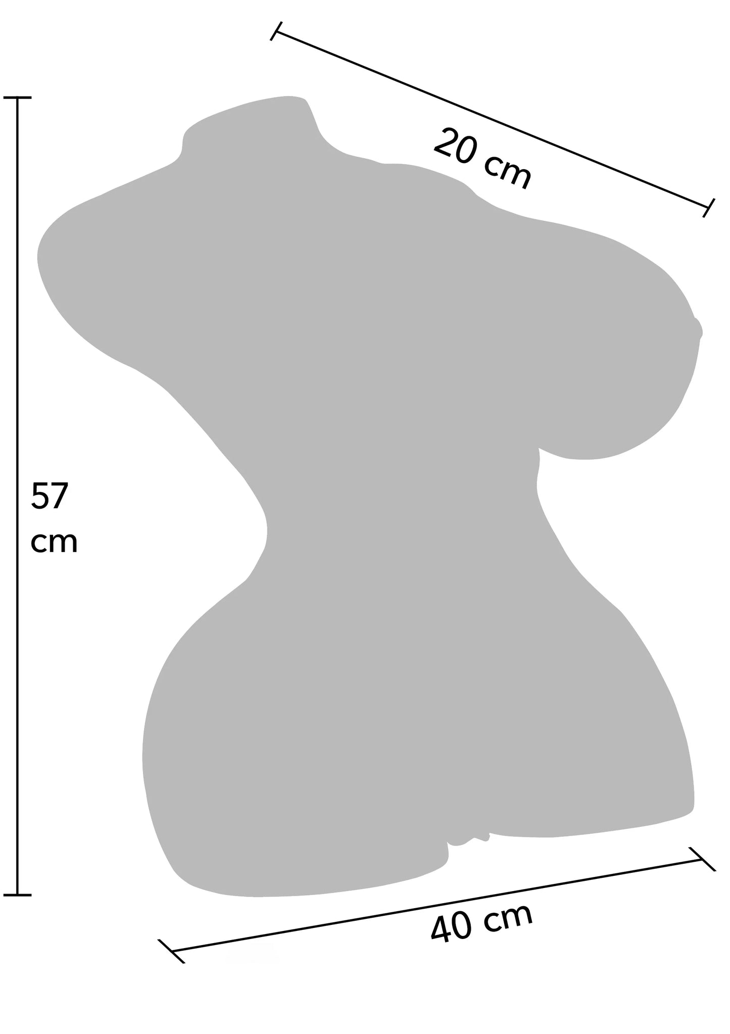 Maatschets van seksdoll: 40 cm breed, 57 cm hoog, 20 cm diep.