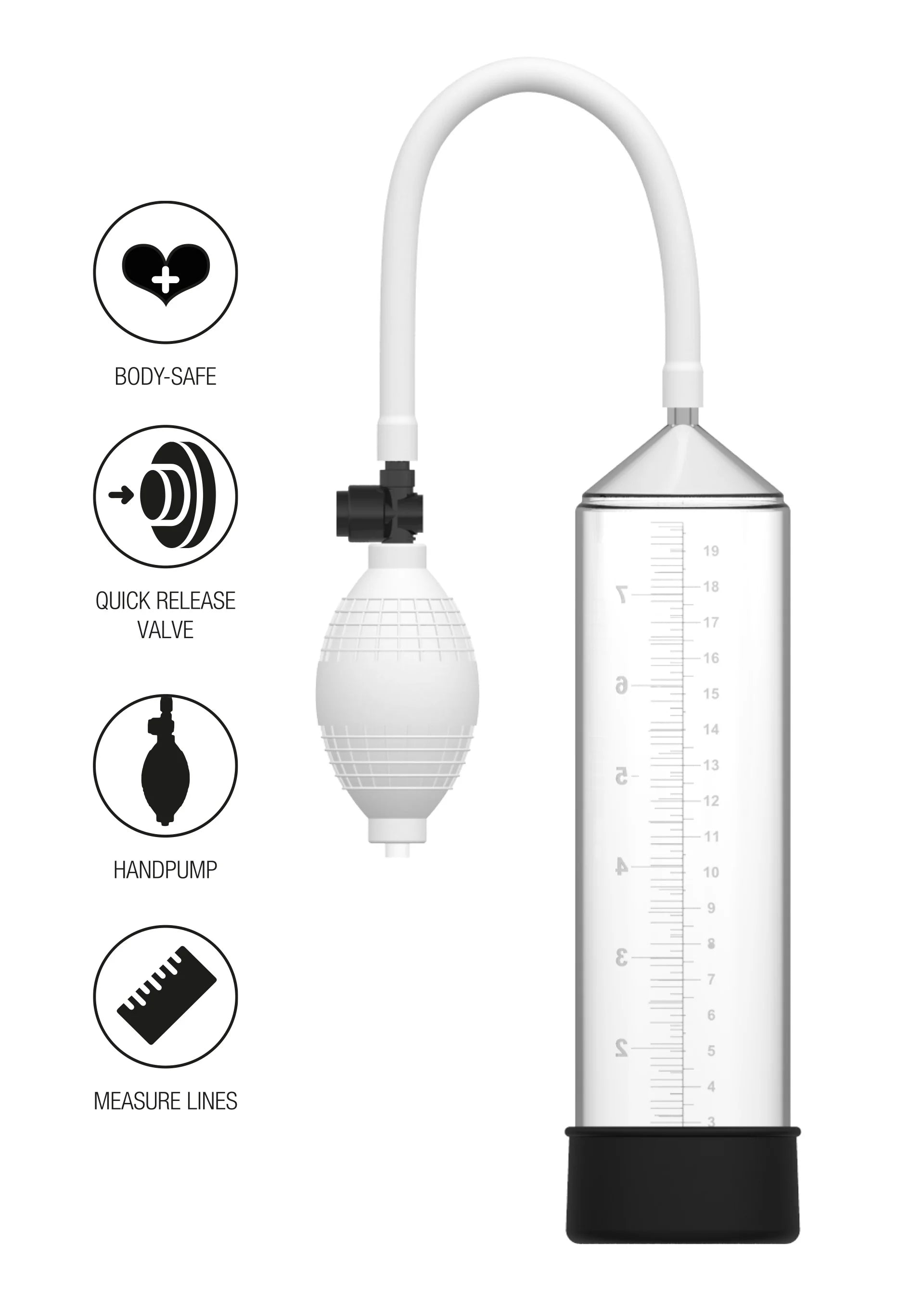 Penis-pomp set met meetbeker, witte pompbol en zwarte ring, inclusief slang