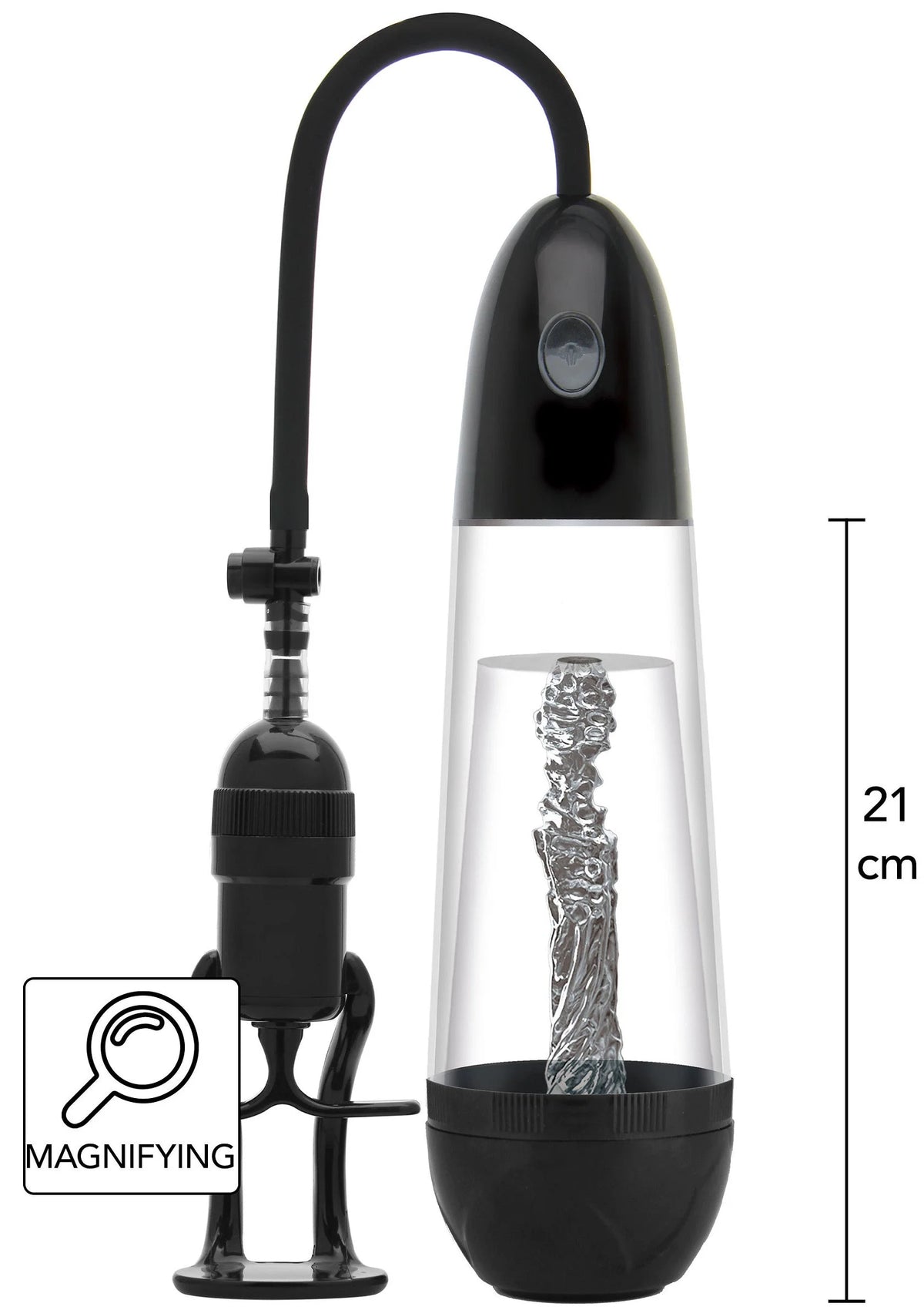 Vergrotende sleeve penispomp met zwarte slang en pompvoet, transparante cilinder van boven