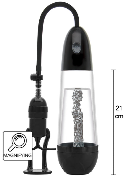Vergrotende sleeve penispomp met zwarte slang en pompvoet, transparante cilinder van boven