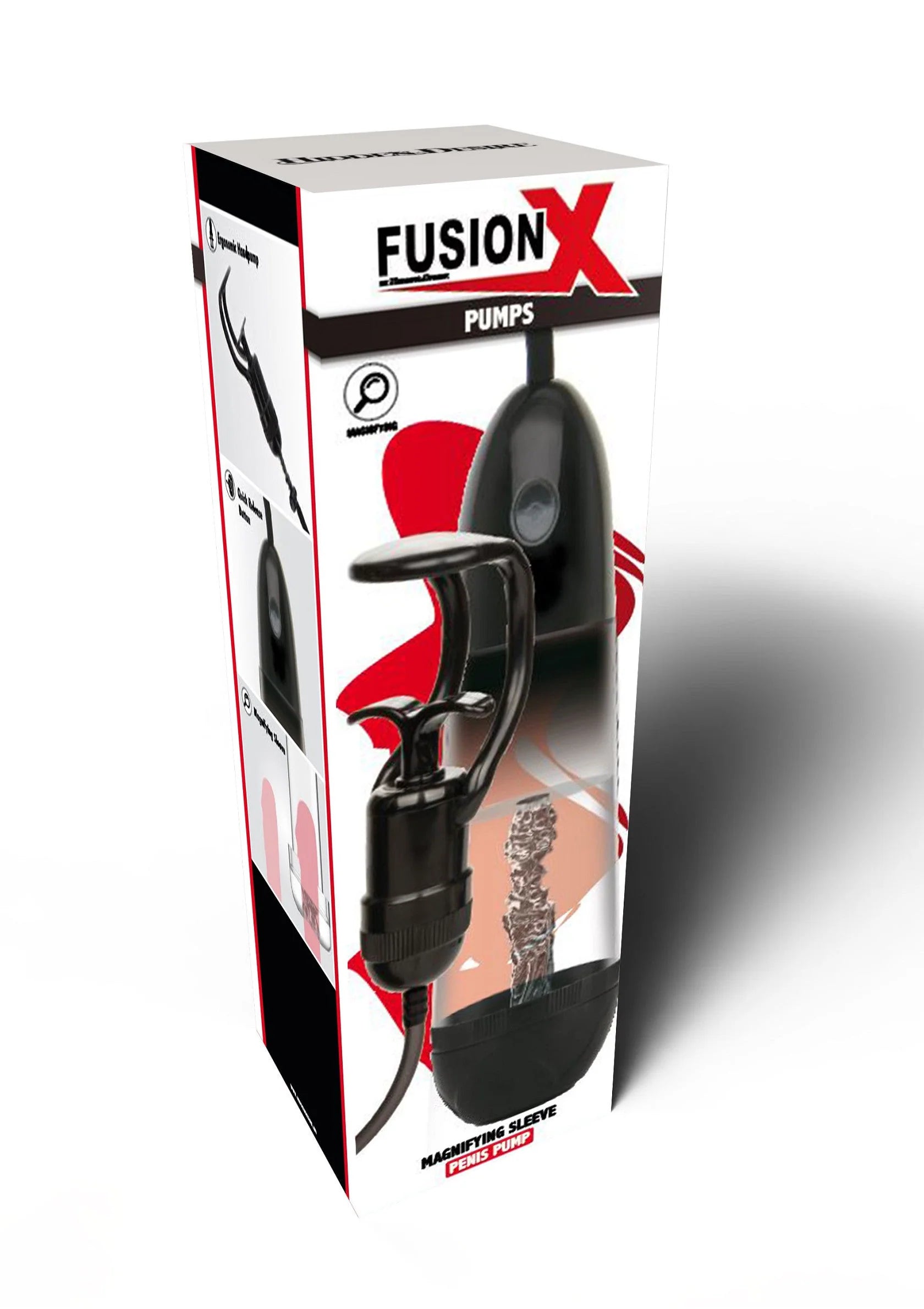Verpakkingsdoos van zwarte FUSION X penispomp met zuigmouw