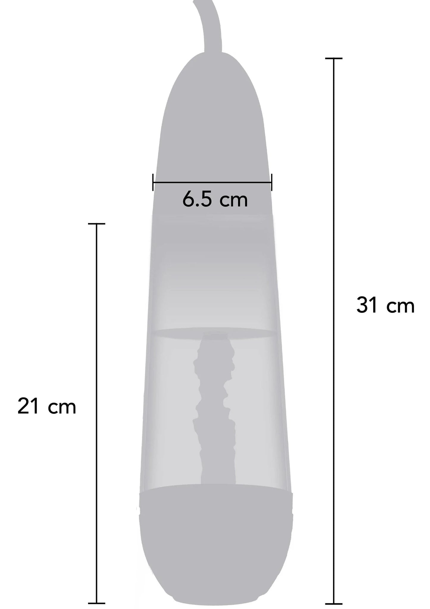 Afmetingen: vergrotende sleeve penispomp, totale hoogte 31 cm, voetbreedte 6,5 cm