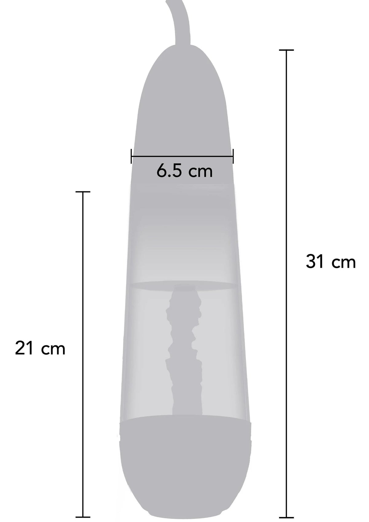 Afmetingen: vergrotende sleeve penispomp, totale hoogte 31 cm, voetbreedte 6,5 cm