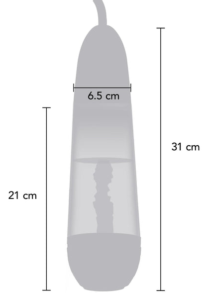 Afmetingen: vergrotende sleeve penispomp, totale hoogte 31 cm, voetbreedte 6,5 cm
