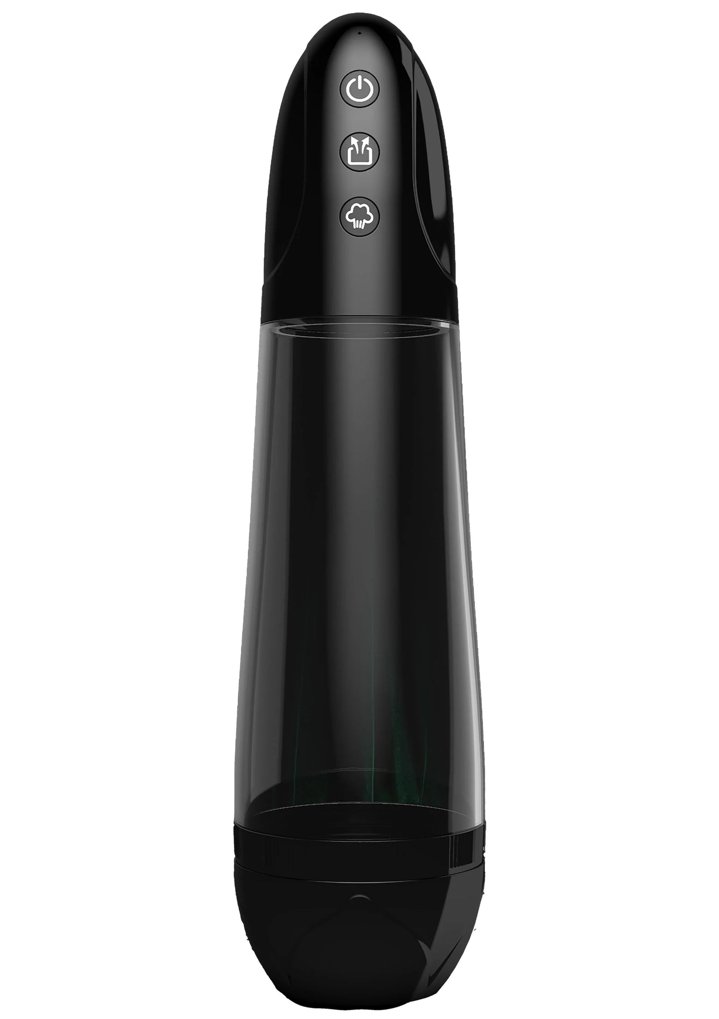 Automatische penis-pomp met zwarte behuizing en zichtbare zuigcilinder