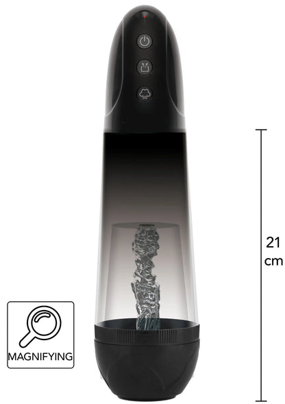 Frontaanzicht van automatische penis-pomp, zwart met transparante cilinder en opzetstuk