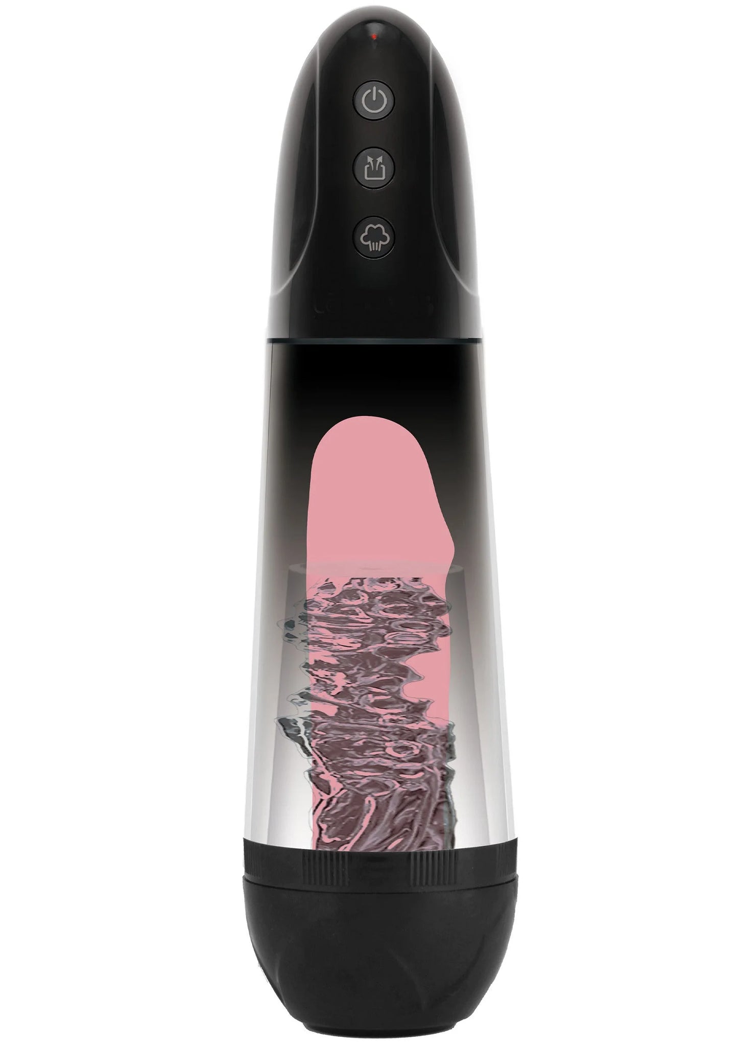 Automatische penis-pomp met zwarte behuizing en ronde zuigcilinder, bedieningsknoppen