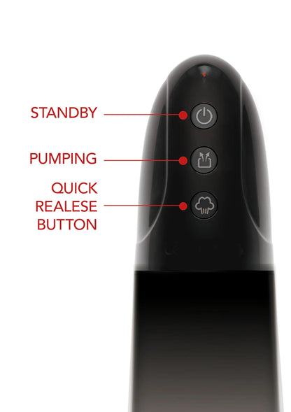 Automatische penis-pomp met zwarte handgreep en pictogram-knoppen op de bovenkant