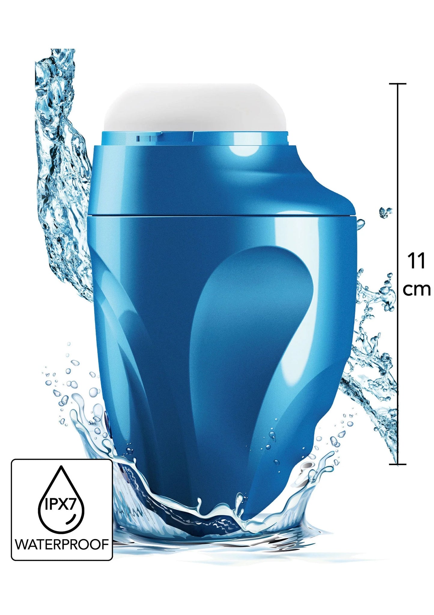 Blauwe waterdichte masturbator met ronde opening, met waterdruppels; IPX7, 11 cm