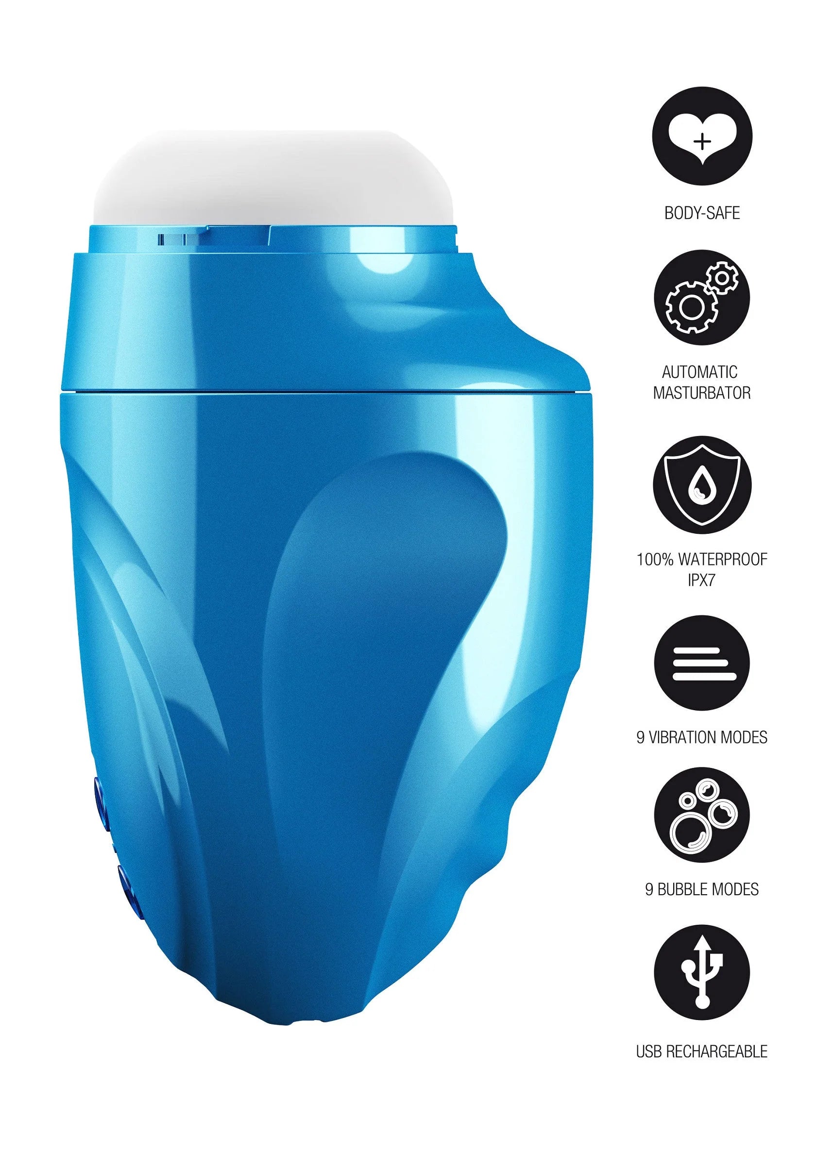 Blauwe waterdichte masturbator met bedieningsiconen: automatisch, 9 vibratiemodi, bubblemodes, USB