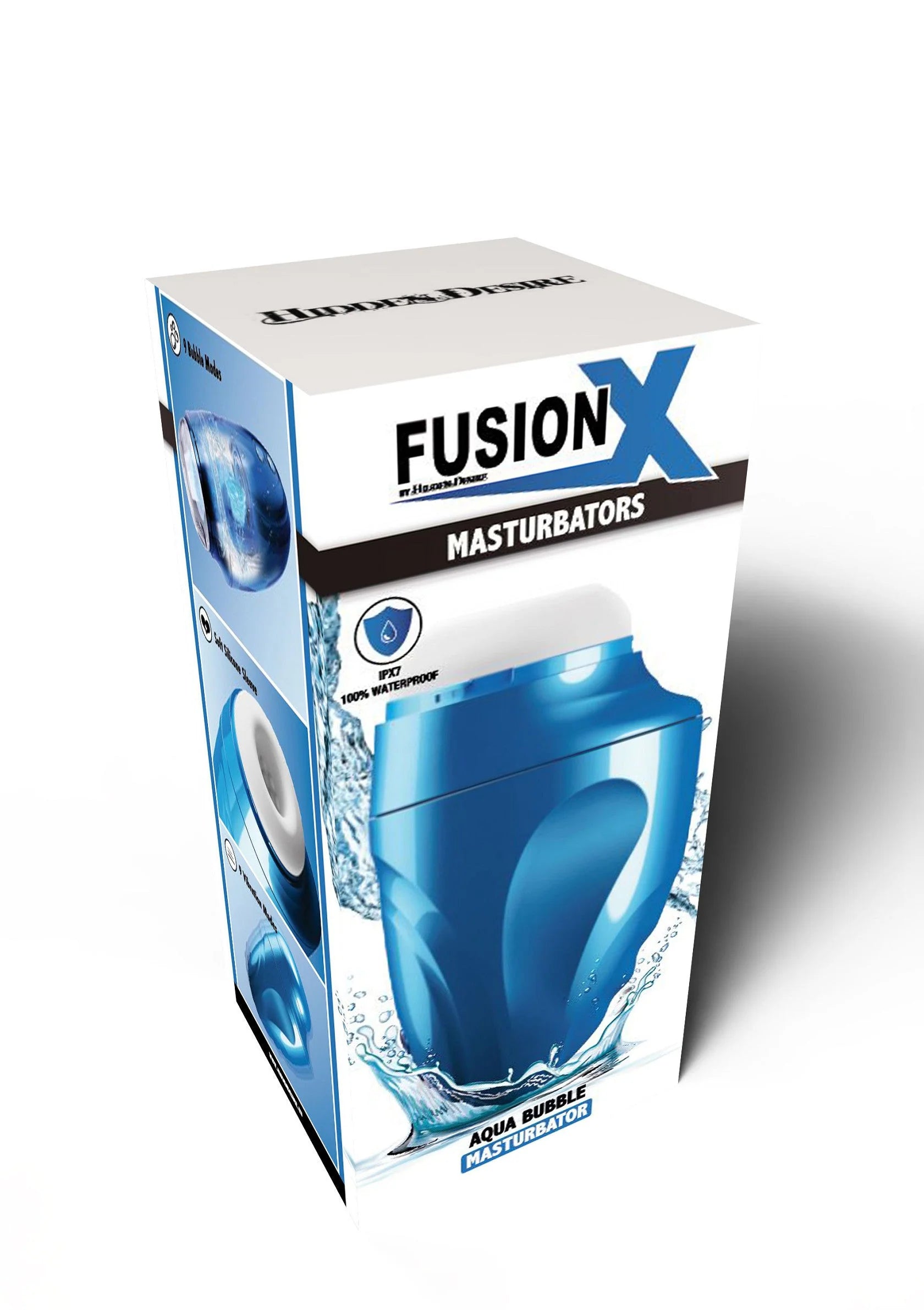 Blauwe masturbator in Fusion X-verpakking, Aqua Bubble opdruk op doos